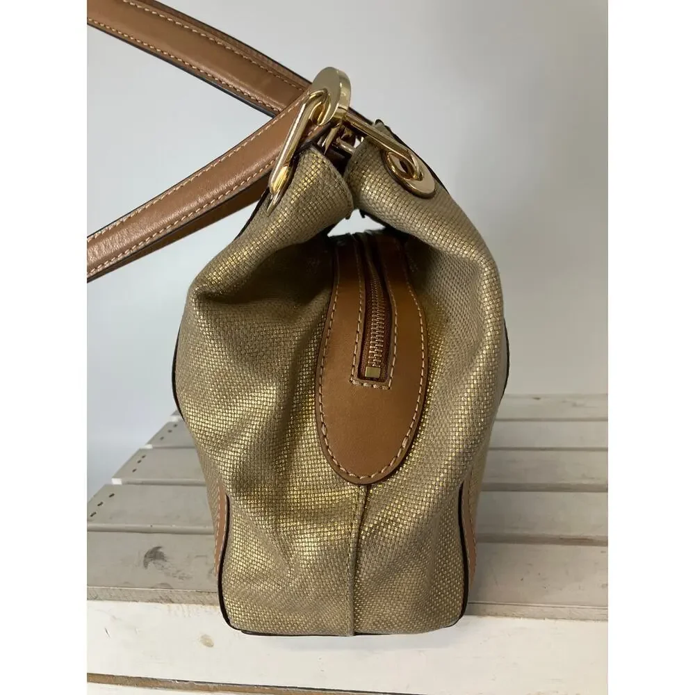 MICHAEL KORS, GOLD CANVAS, BROWN LEATHER TIM SHOULDER BAG
